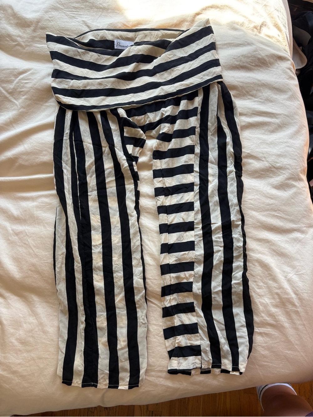 Vintage 100% Silk Black and White Striped Fold-Over Capri Pants